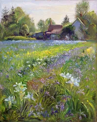 Dwarf Irises and Cottage